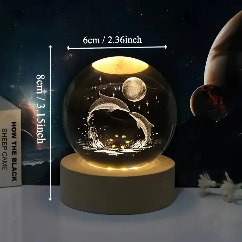 Betoverende kristallen bol met 3D dolfijn en zacht LED nachtlampje, perfect voor een rustgevende slaapkamer sfeer.