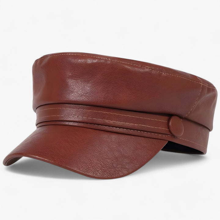 Dames achthoekige schippermuts van stijlvol zwart PU-leer, perfect voor herfst- en wintermode.