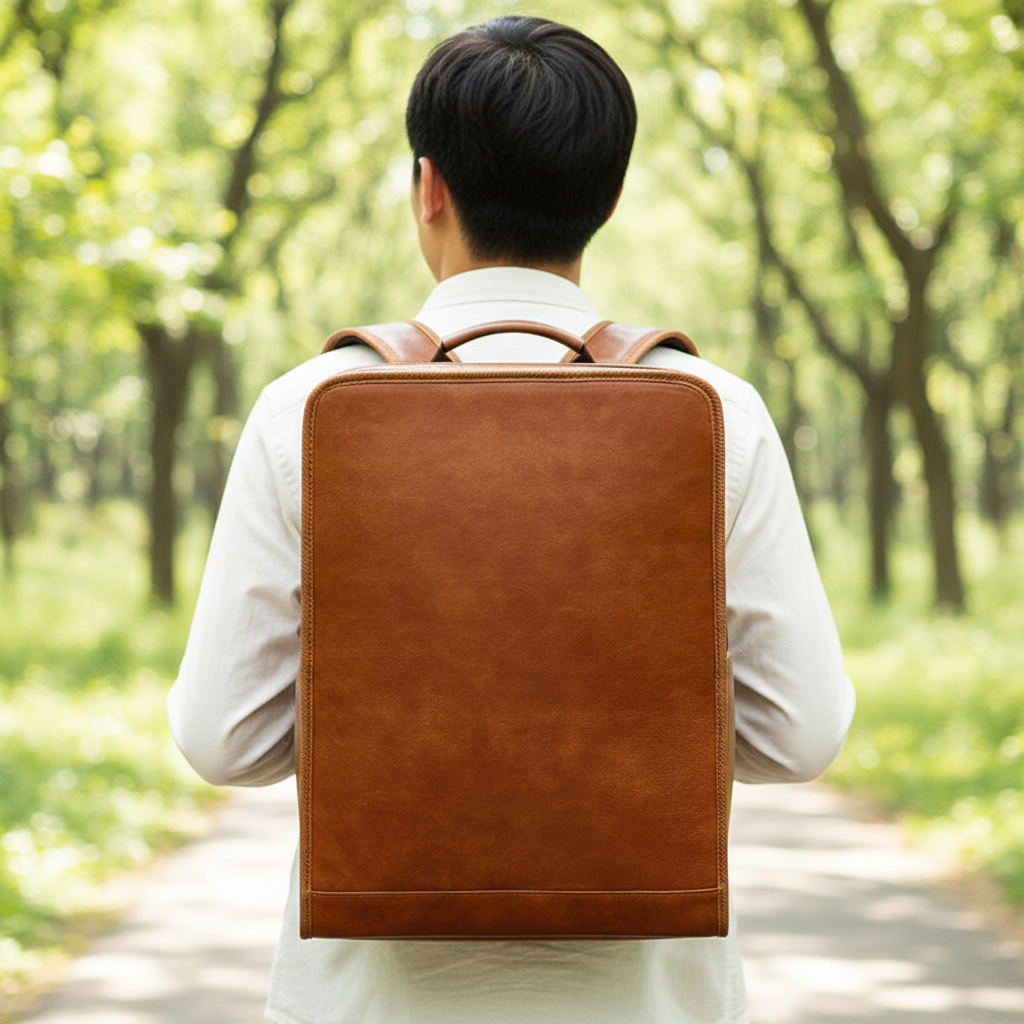 Oranje leren laptoprugzak LeatherTitan, unisex, ideaal voor werk, studie en dagelijks gebruik, met meerdere vakken.