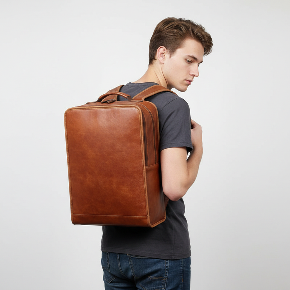Stijlvolle oranje leren rugzak LeatherTitan, unisex, perfect als schooltas, werktas of reistas, met comfortabele draagriemen.