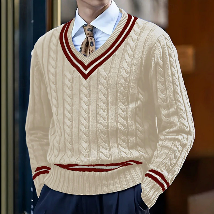 Heren slim fit V-hals trui Mitchell met elegant kabelpatroon. Comfortabele gebreide winter sweater voor mannen.