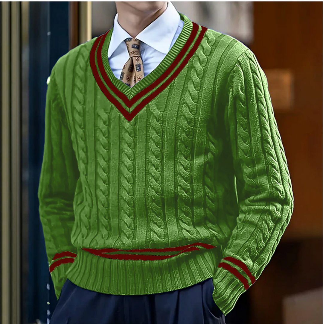 Comfortabele heren slim fit gebreide trui met V-hals en modern kabelpatroon. Ideaal voor de winter garderobe.