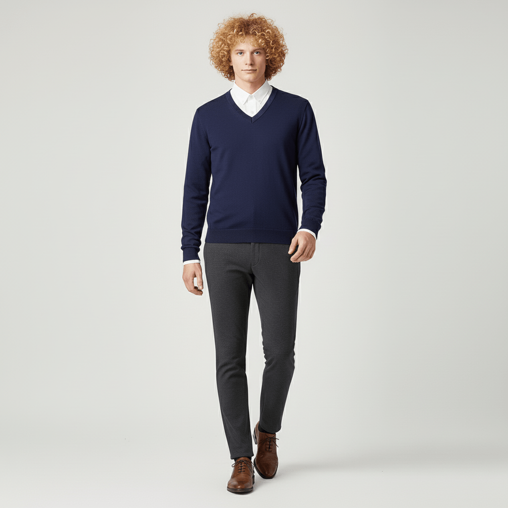 Samuel V-hals trui, slim-fit herenmodel, combineert functionaliteit met eigentijdse stijl.