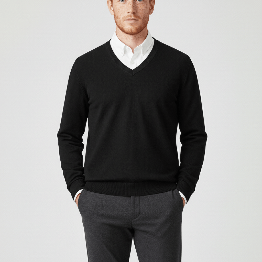 Studiofoto van de Samuel slim-fit V-hals trui, effen kleur, perfecte pasvorm.