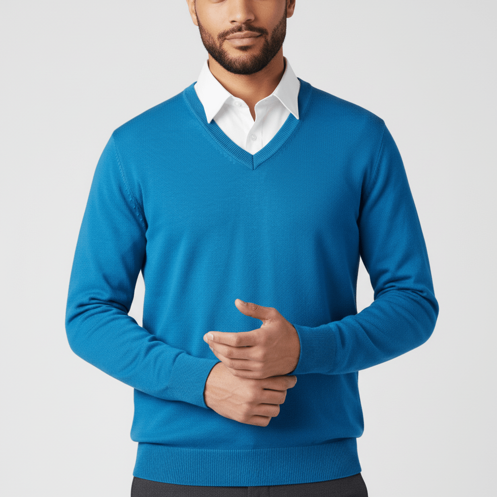 Heren V-hals trui, slim-fit gedragen door model, toont elegante en comfortabele look.
