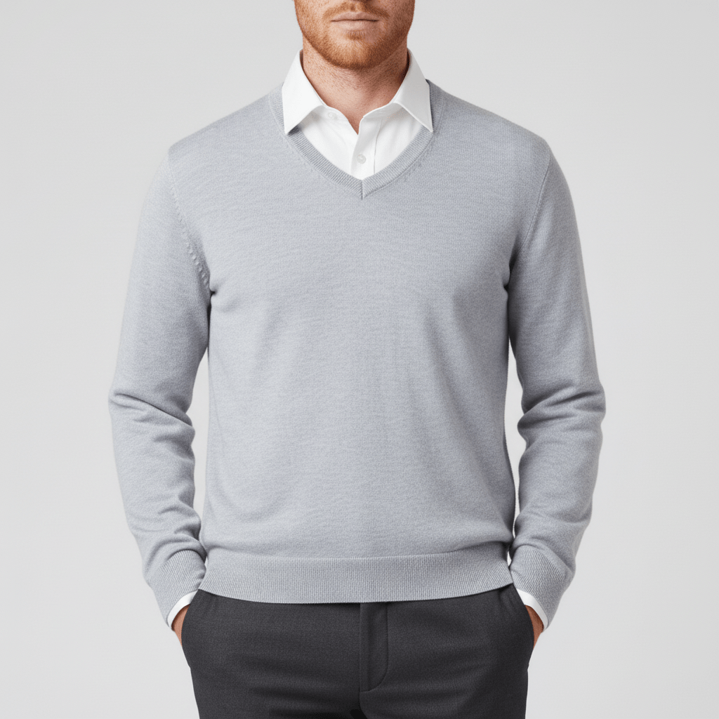 Detail van de zachte stof van de slim-fit V-hals trui voor heren, duurzaam en warm.