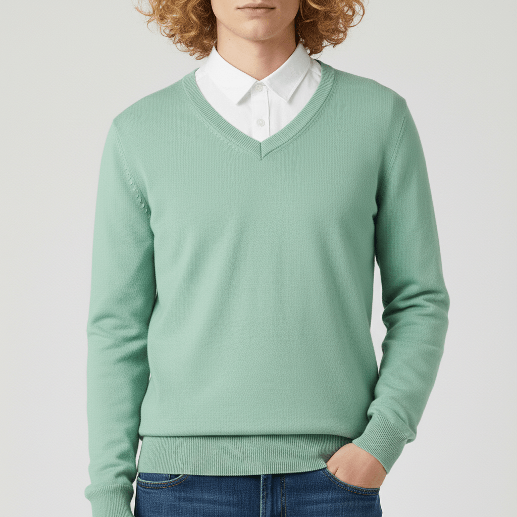 Slim-fit V-hals trui voor heren gecombineerd met een overhemd, ideaal voor laagjes.