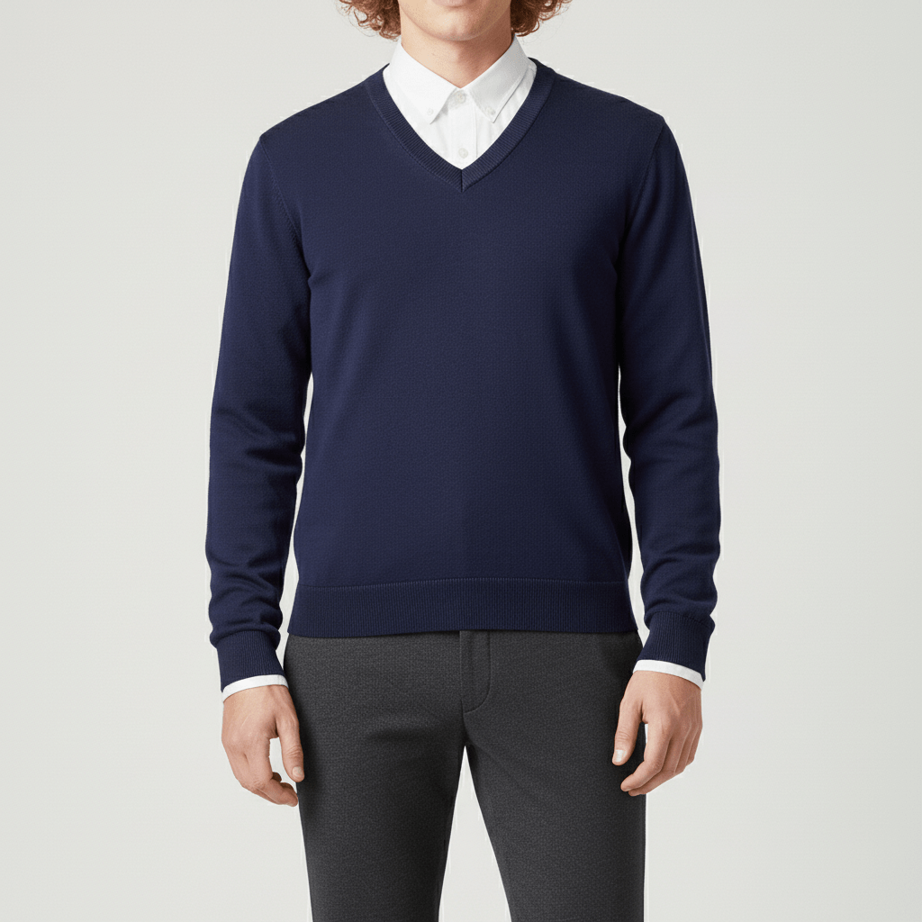 Zijaanzicht van de heren slim-fit V-hals trui, accentueert de getailleerde pasvorm.