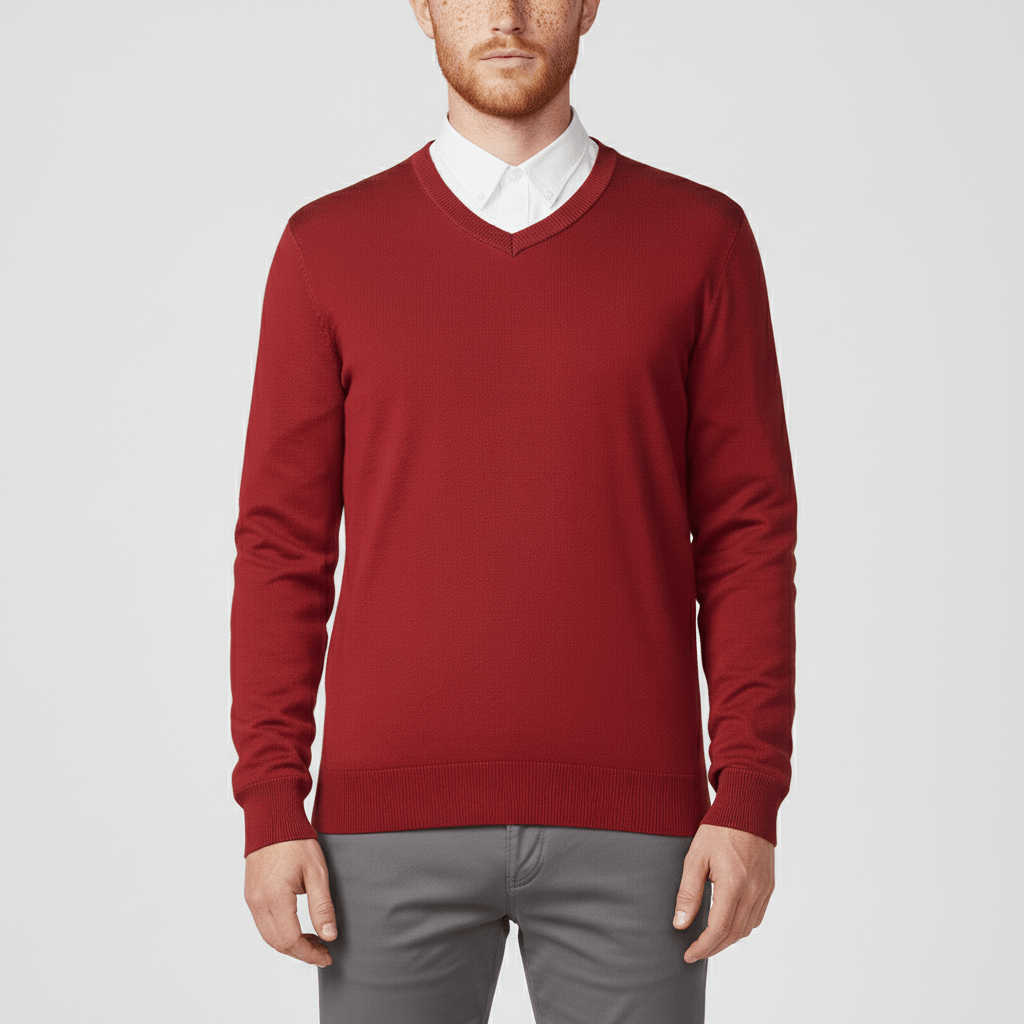 Rugzijde van de comfortabele slim-fit V-hals trui voor heren, strakke afwerking.