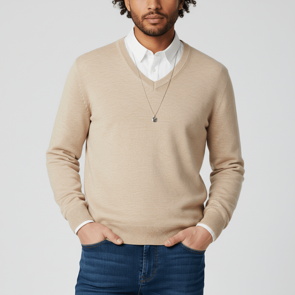 Heren slim-fit V-hals trui Samuel, klaar om te dragen voor een smart-casual of zakelijke outfit.