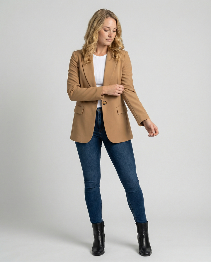 Zakelijke damesblazer getailleerd, tijdloos design met knoopsluiting voor een professionele uitstraling.