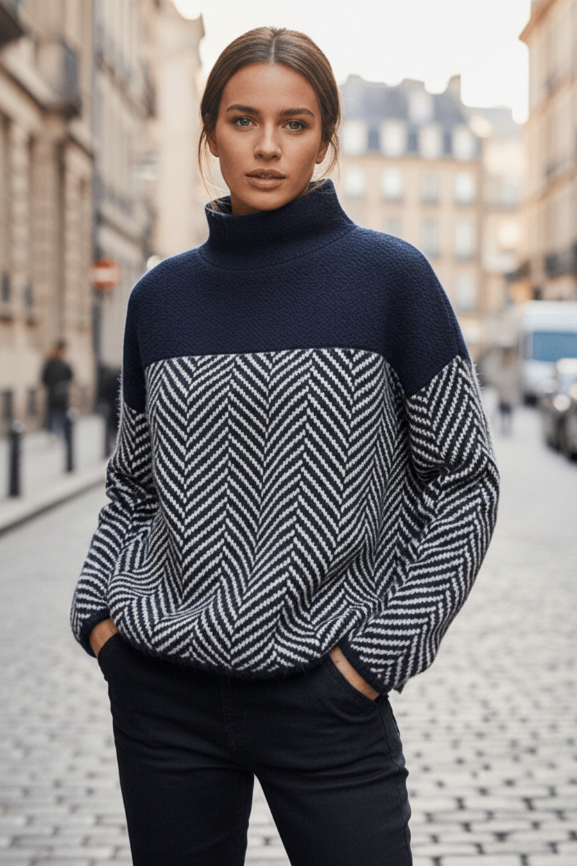 Stijlvolle dames gebreide trui met opstaande kraag, comfortabel en warm voor wintermode. Perfect voor lagenlook.