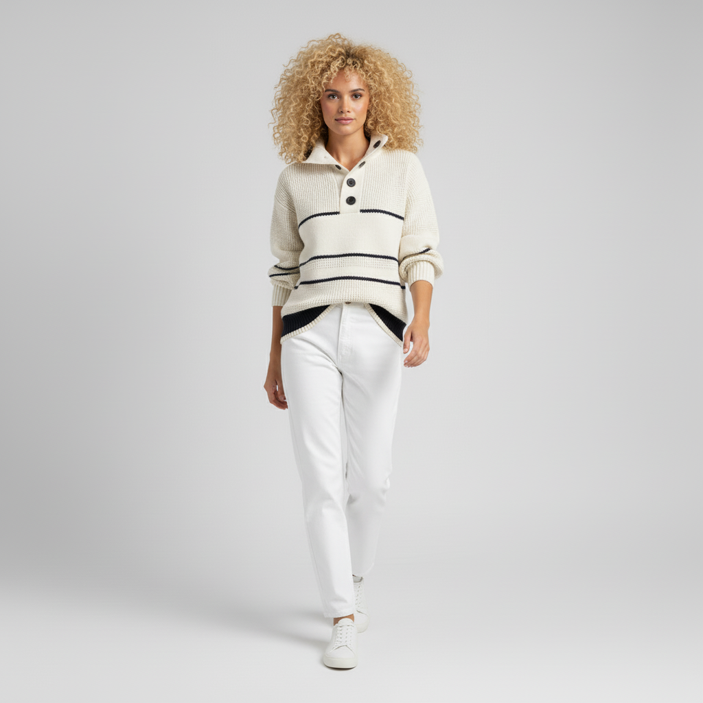 Elegante dames gestreepte trui met unieke gestructureerde knit, ideaal voor een modieuze en warme winteroutfit.