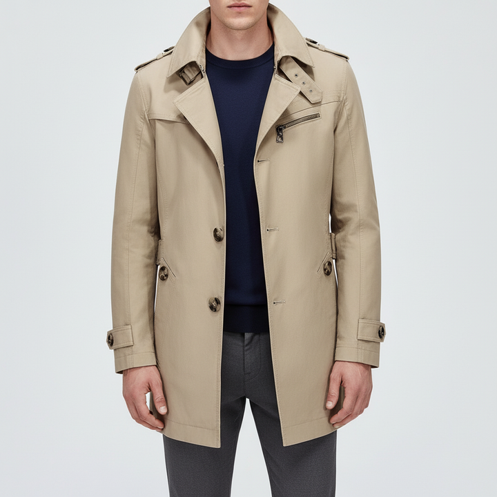 Warren gestructureerde heren trenchcoat met schoudervullingen. Elegante lange jas, perfect voor elke stijlvolle man.