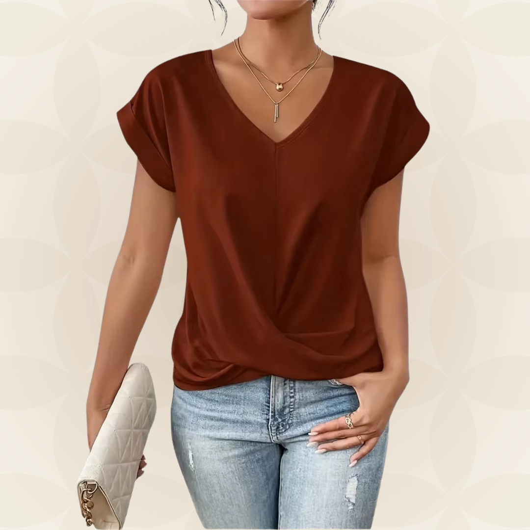 Frisse dames V-hals top met gedrapeerd detail. Modieuze veelzijdige korte mouw top voor lente & zomer.