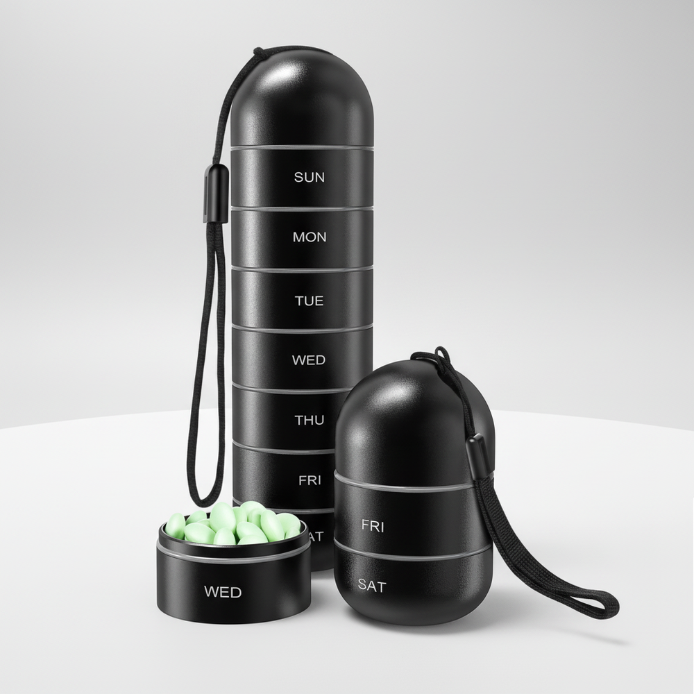 Waterdichte aluminium medicijnendoos, compacte organizer voor veilige opslag tijdens reizen.