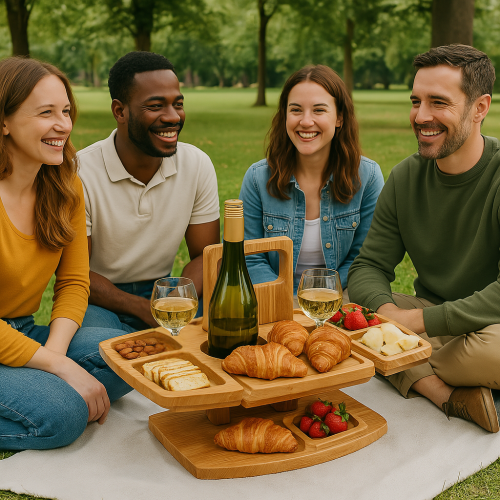 Stijlvolle houten wijntafel, compact design. Geschikt als draagbaar tuinmeubel voor buiten borrelen. Met houders.