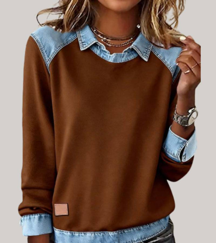 Comfortabele dames trui, ideaal voor herfstkleding, met elegante contrastkraag en zachte stof.