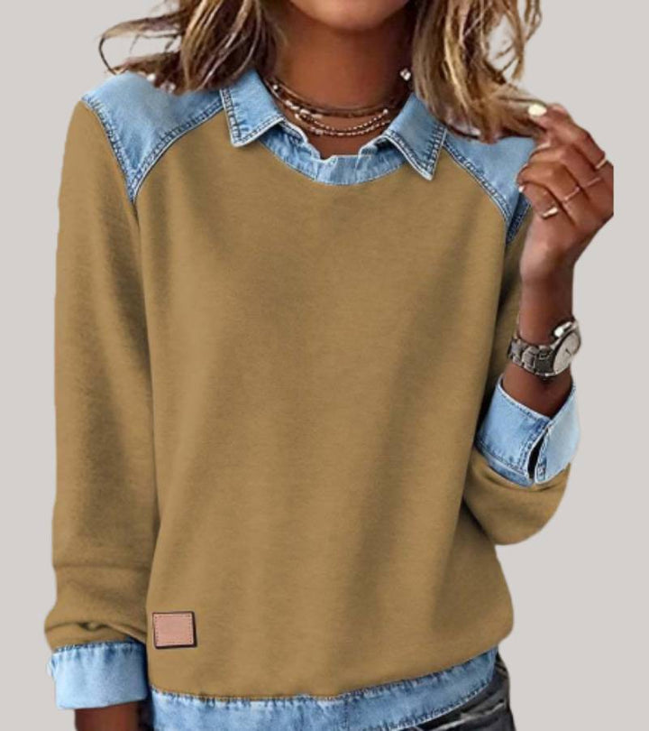 Warme wintermode trui voor dames met een unieke contrastkraag en comfortabele pasvorm.