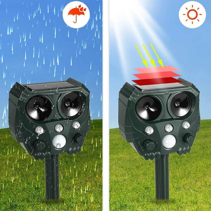Solar ultrasone dierenverjager voor tuinbescherming; weerbestendig en energiezuinig tegen ongedierte.