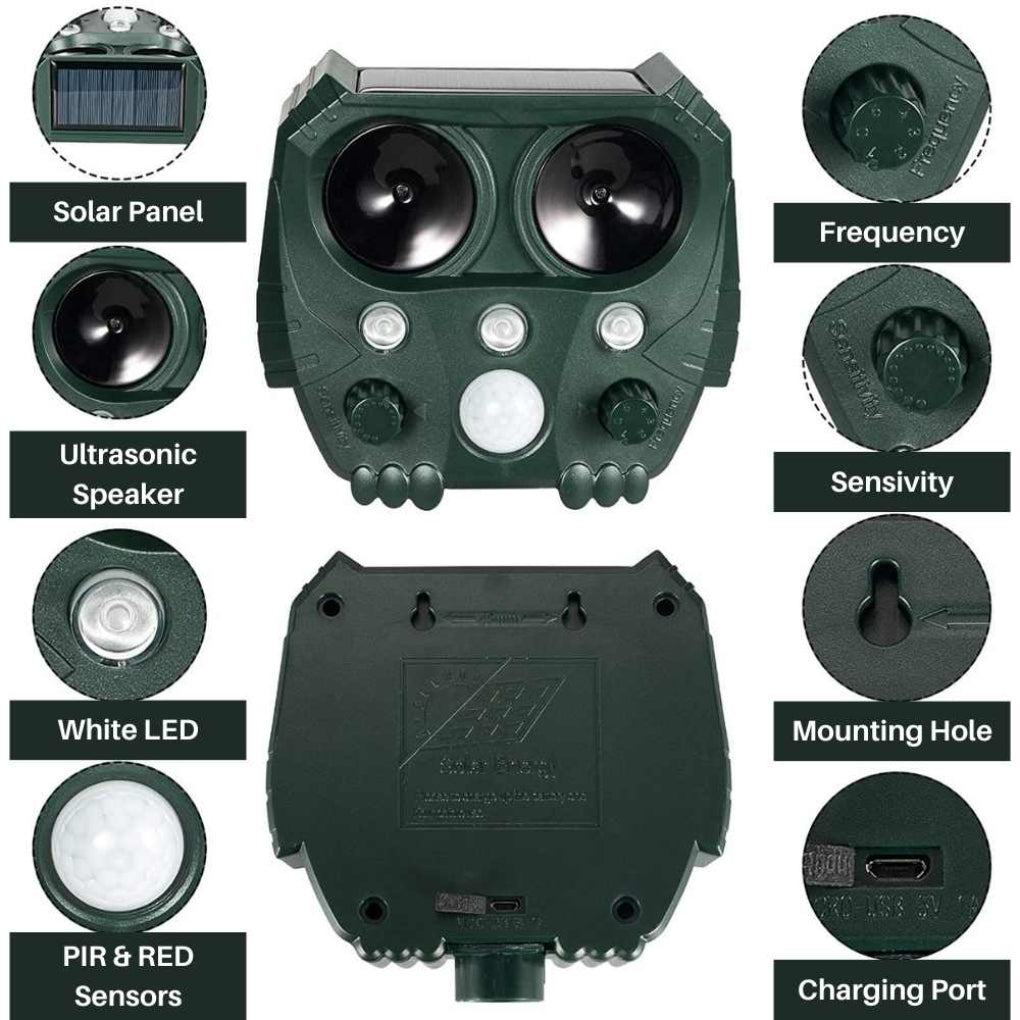 Compacte solar ultrasone dierenafweer; discrete tuinbescherming tegen katten, honden en ander ongedierte.