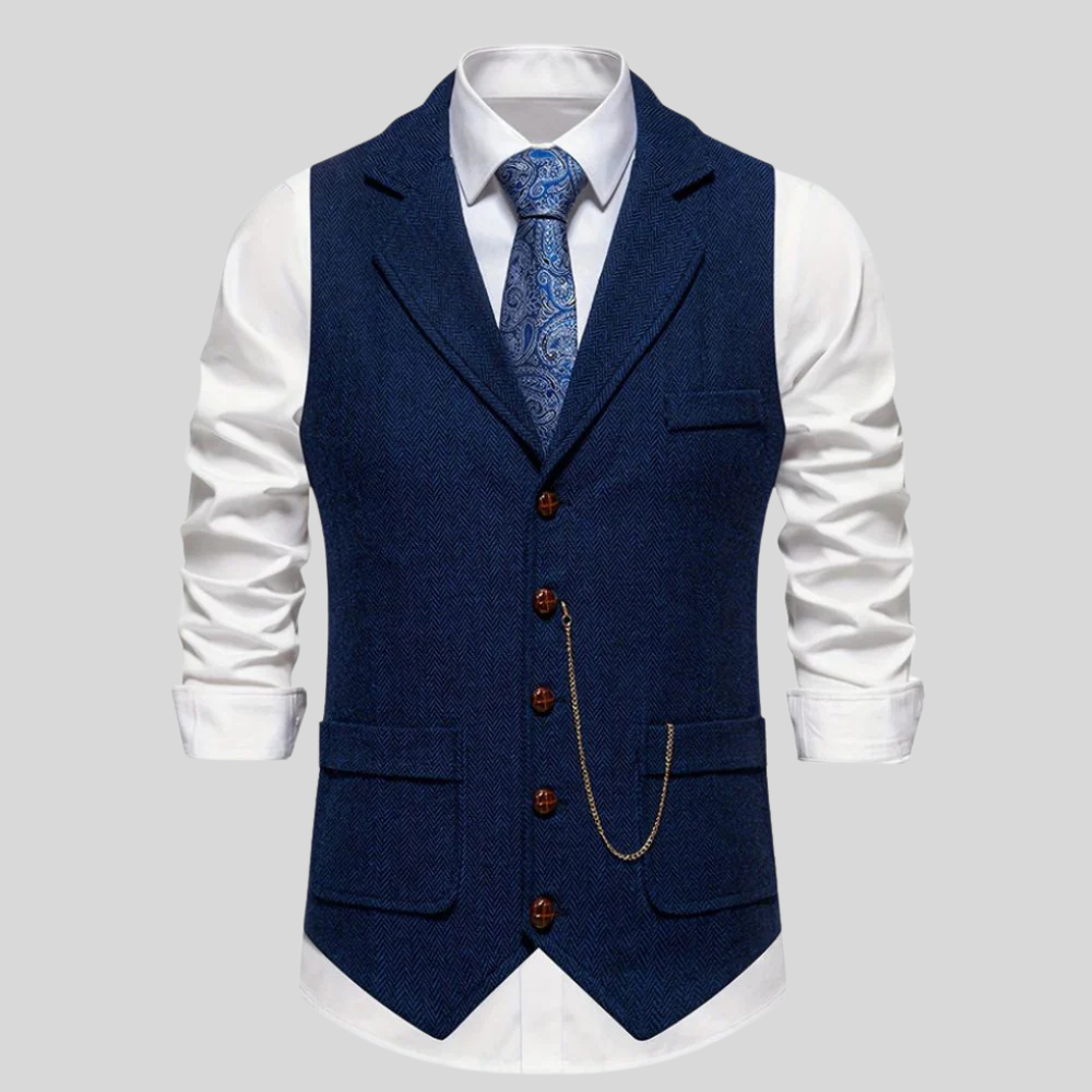 Close-up van een stijlvol heren visgraat vest. Gemaakt van comfortabele wolmix, perfect voor zakelijke mode.