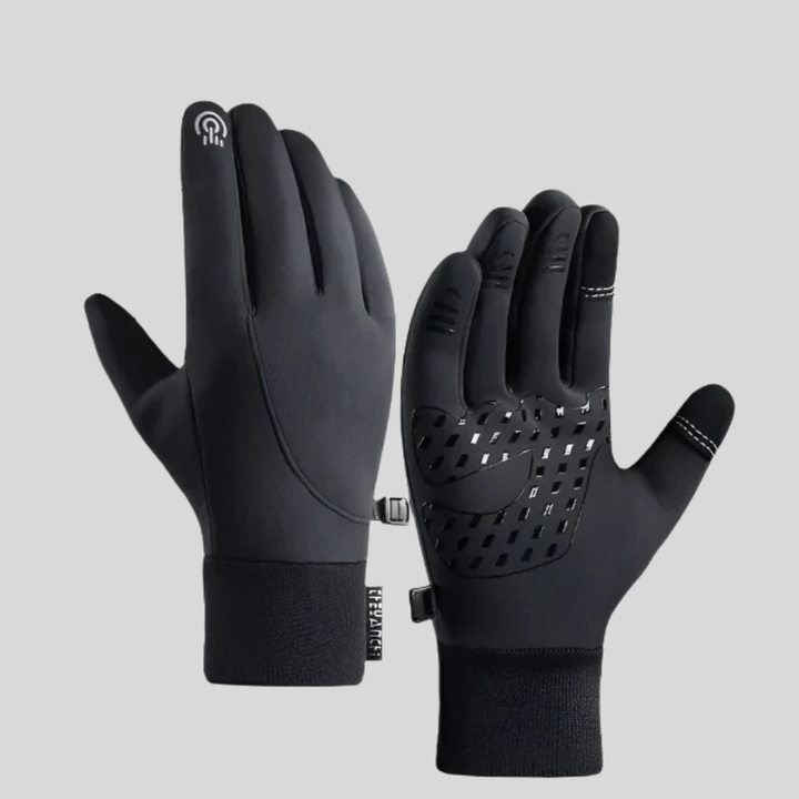 Zwarte/grijze heren winterhandschoenen met touchscreen-functie en anti-slip grip voor smartphone en outdoor activiteiten.