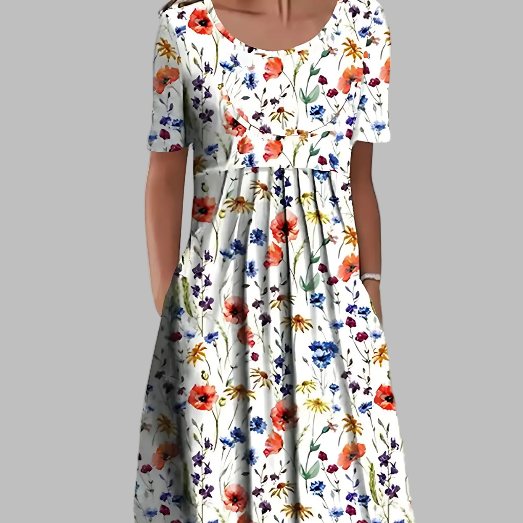 Elegante vintage zomerjurk voor dames met bloemenprint en charmante ruches, perfect voor een casual zomerstijl.