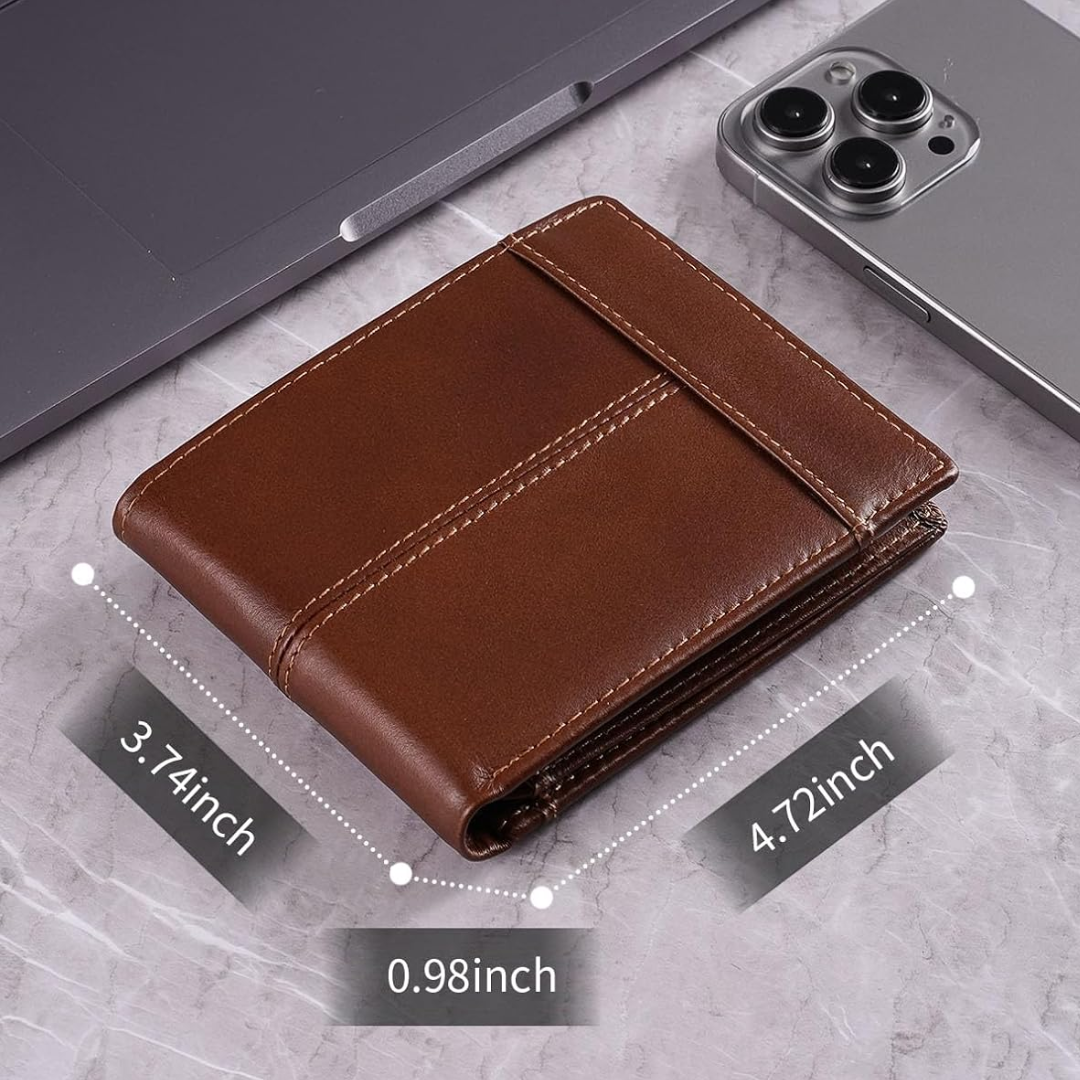 Elegante leren SlimArmor bifold portemonnee voor heren, een essentieel accessoire met RFID-veiligheid.