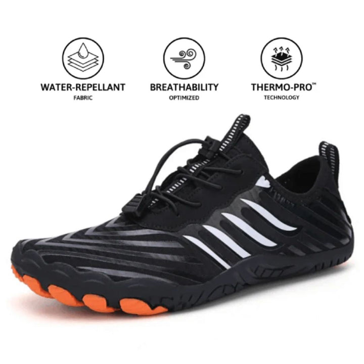 Ademende minimalistische barefoot schoenen in het grijs, ontworpen voor optimale voetgezondheid en natuurlijk lopen.