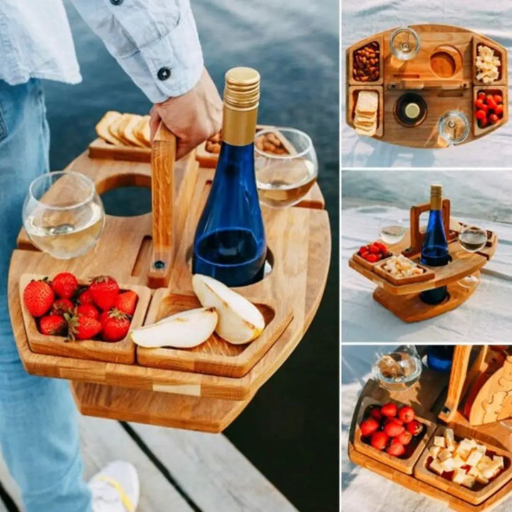 Praktische opvouwbare houten snacktafel voor drankjes en hapjes, makkelijk mee te nemen voor buiten.