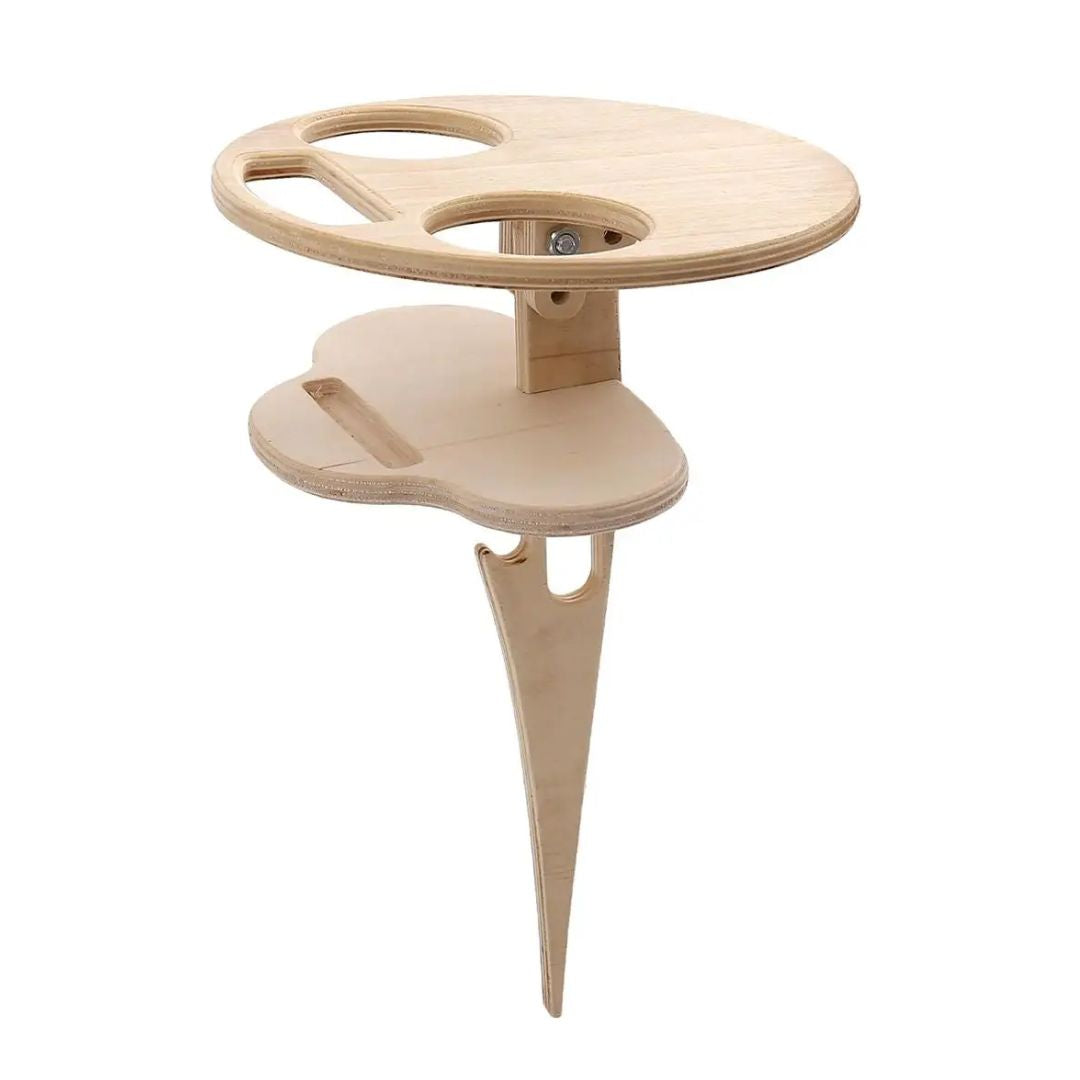 Draagbare dubbellaags wijntafel voor buiten; ideaal voor picknick, strand of tuin. Compact en opvouwbaar.