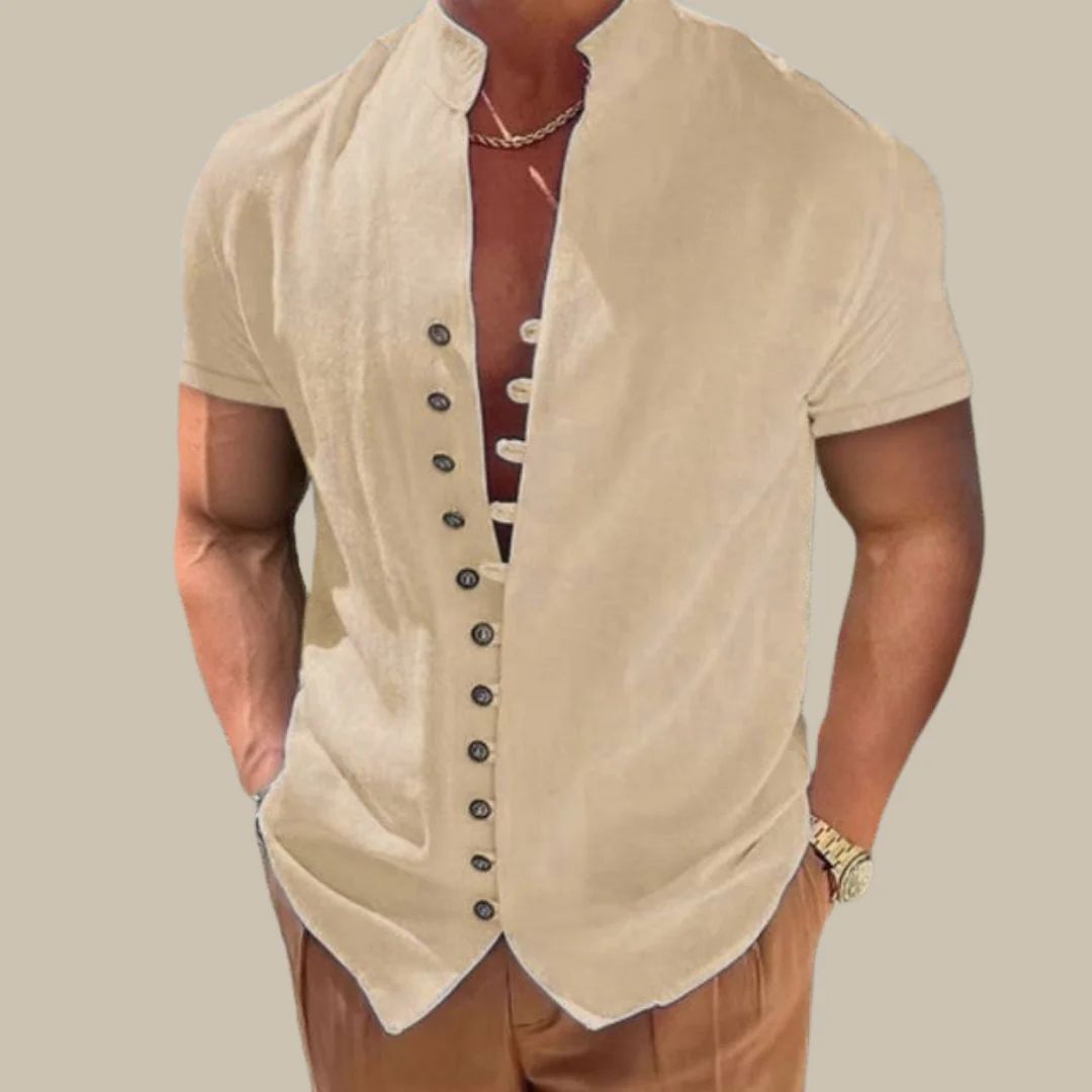 Trendy heren zomerhemd met ademend materiaal en stijlvolle Mao-kraag, ideaal voor een casual look.