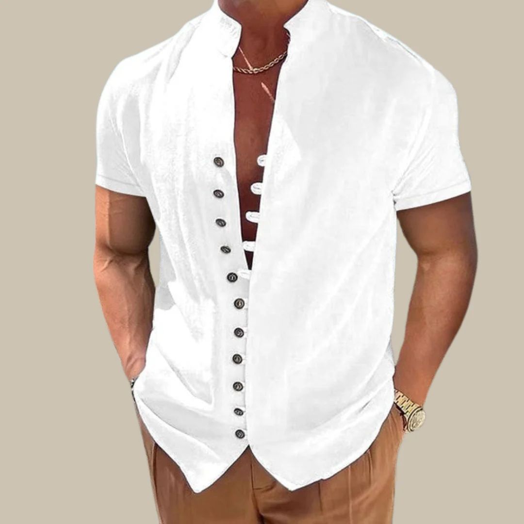 Slim fit heren overhemd met korte mouwen en Mao-kraag, ademend en comfortabel voor zomerse dagen.