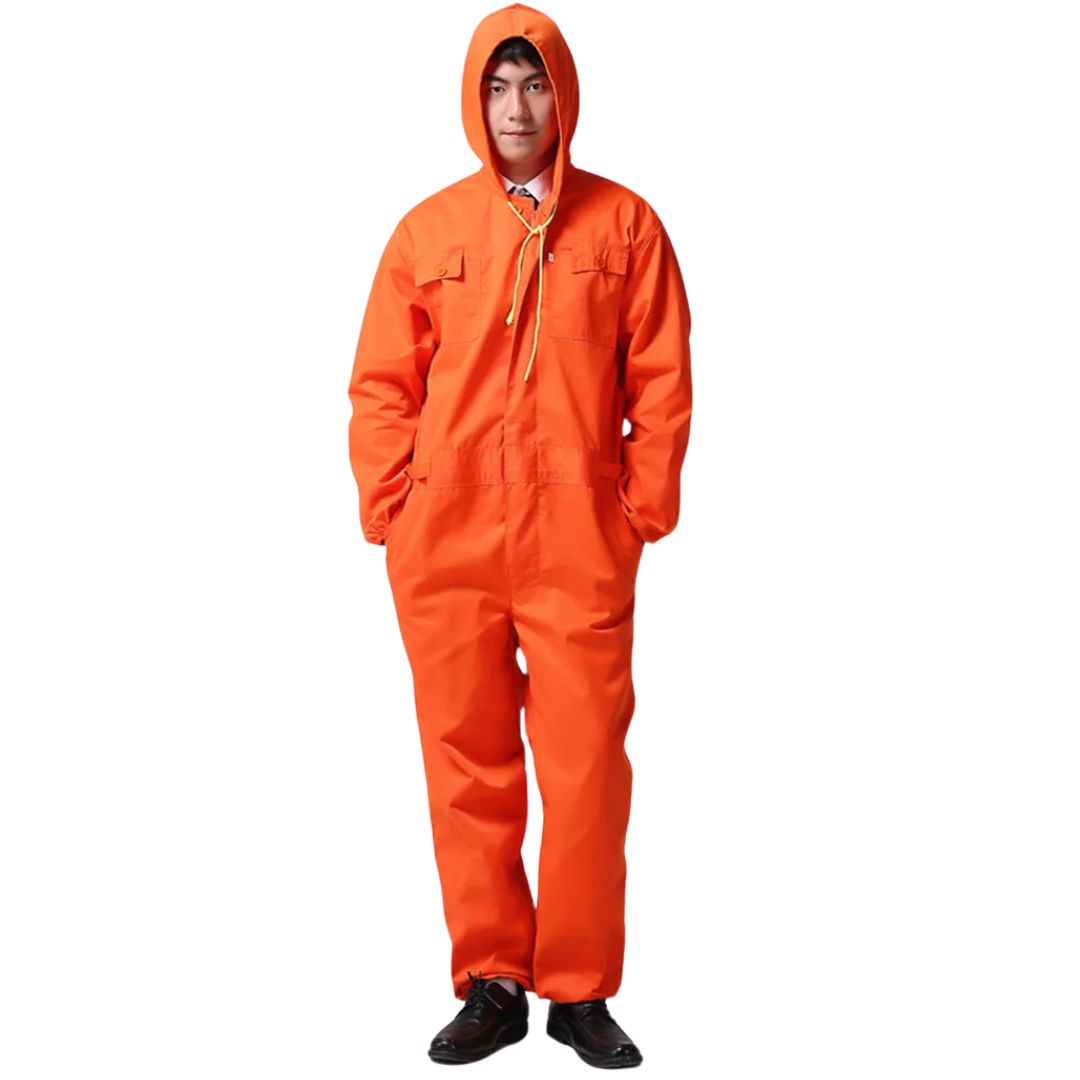 Unisex stofvrije veiligheidsoverall, oranje, voor industriële bescherming en cleanrooms.