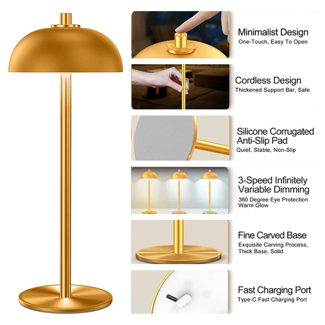 Decoratieve LED paddenstoel lamp, draadloos en oplaadbaar, perfect als modern sfeerlicht of tafellamp.