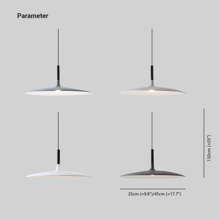 Sfeervolle AuraPan LED hanglamp voor eetkamer of kantoor, met focus op strakke vormen en modern licht.