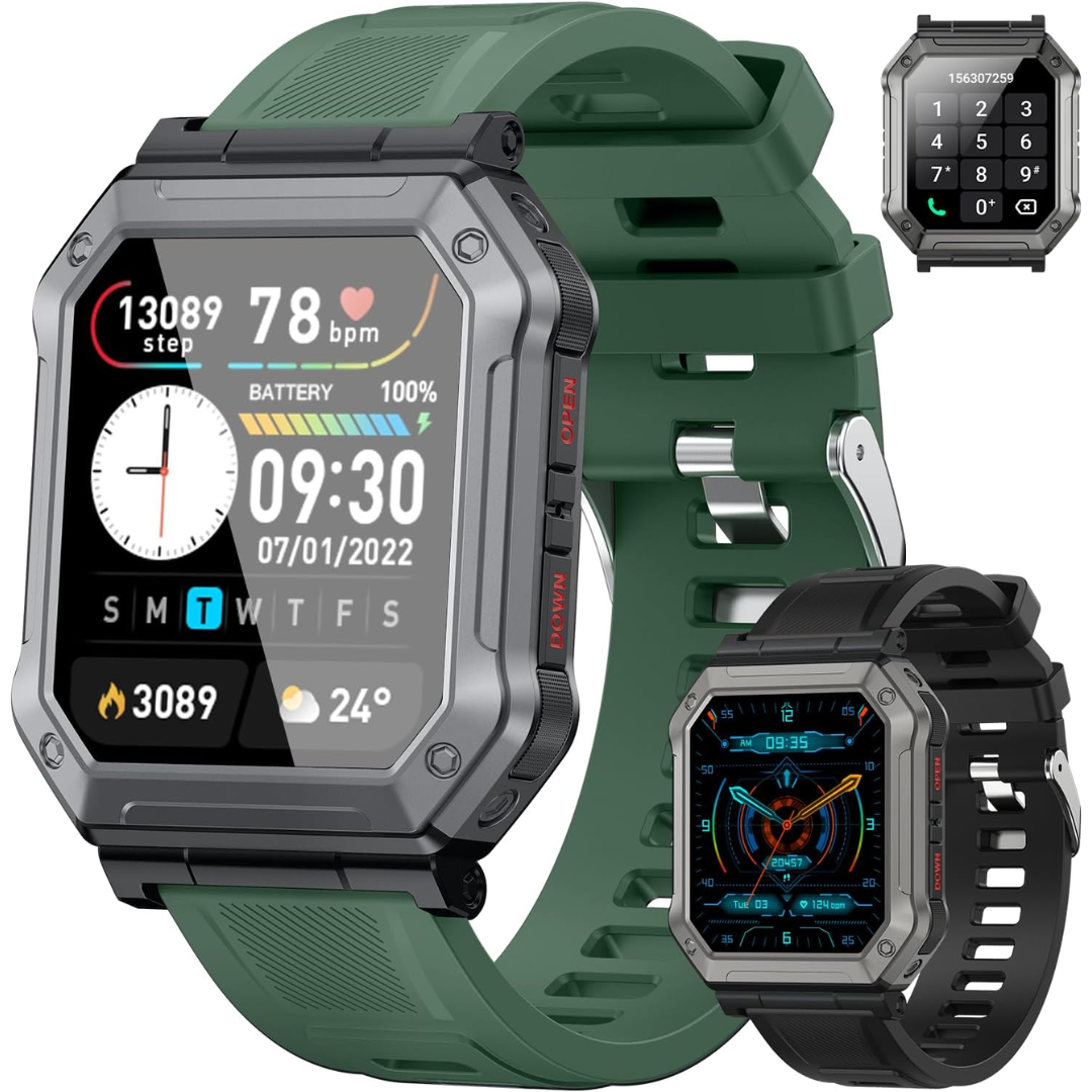 Zwarte militaire smartwatch voor heren, toont tijd, meldingen en fitnessgegevens op helder display.
