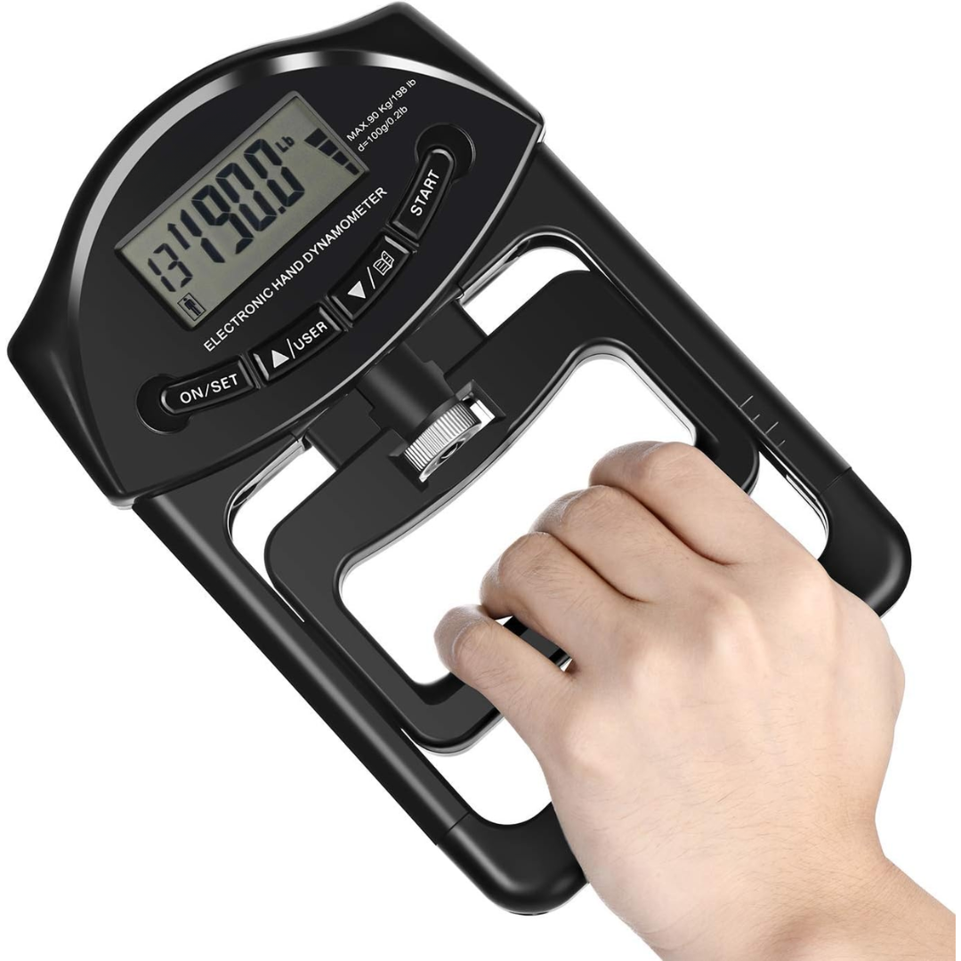 Digitale handdynamometer voor nauwkeurige gripkrachtmeting tot 90kg. Ideaal voor fitness & spiertraining.
