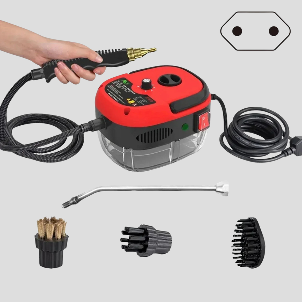 Multifunctionele wit-rode stoomreiniger (2500W) voor stoomreiniging in huishouden en auto. Efficiënte dieptereiniging.