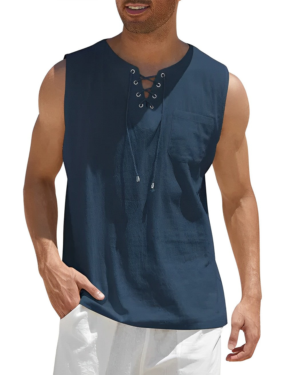 Essentiële heren zomer tanktop, mouwloos met stijlvolle V-hals. Comfortabel en luchtig voor casual mode.