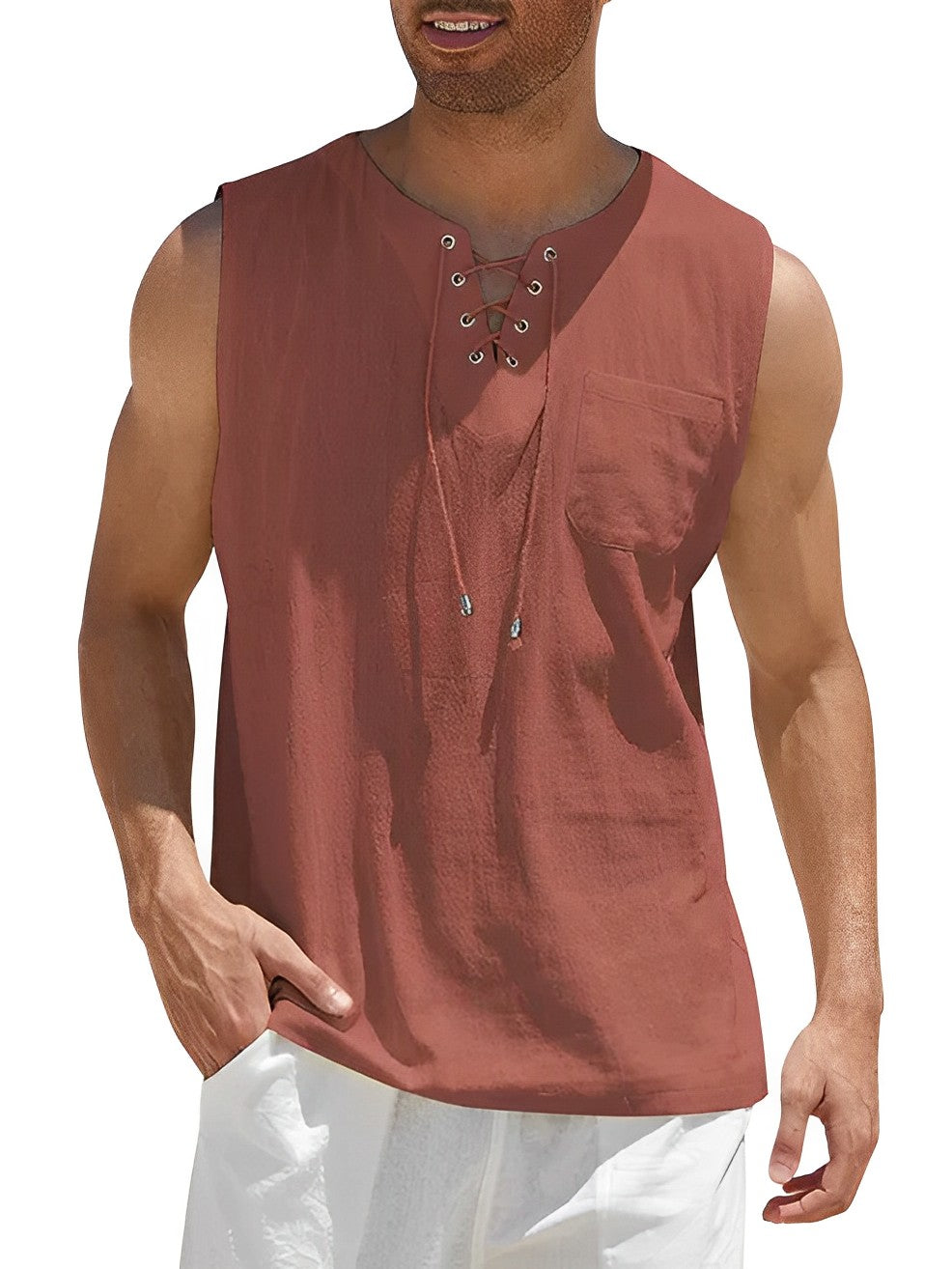 Zachte en luchtige heren tanktop met V-hals. Comfortabel mouwloos shirt, perfect voor de zomer.