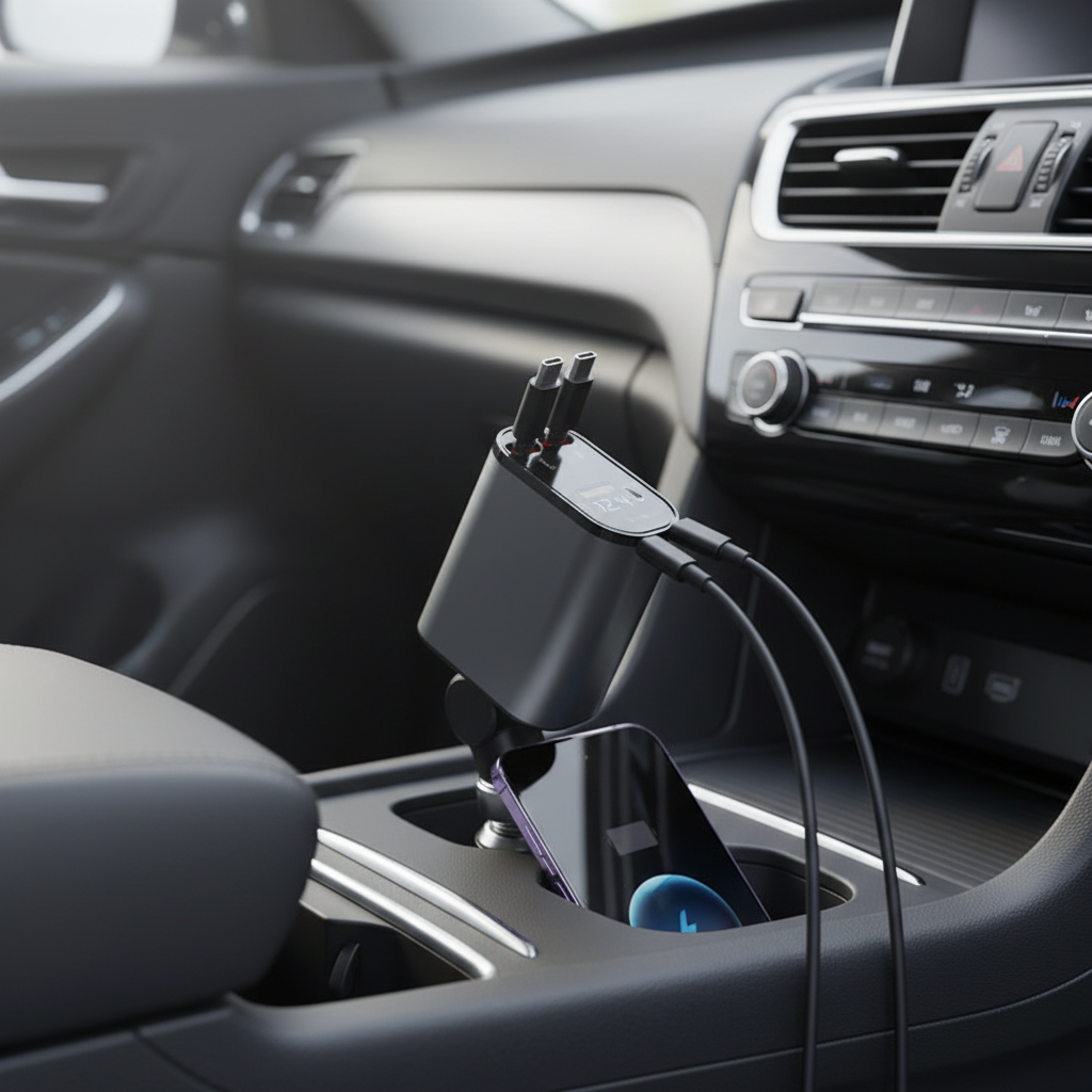 Universele opvouwbare autolader voor snel opladen van telefoons en USB-C apparaten onderweg.