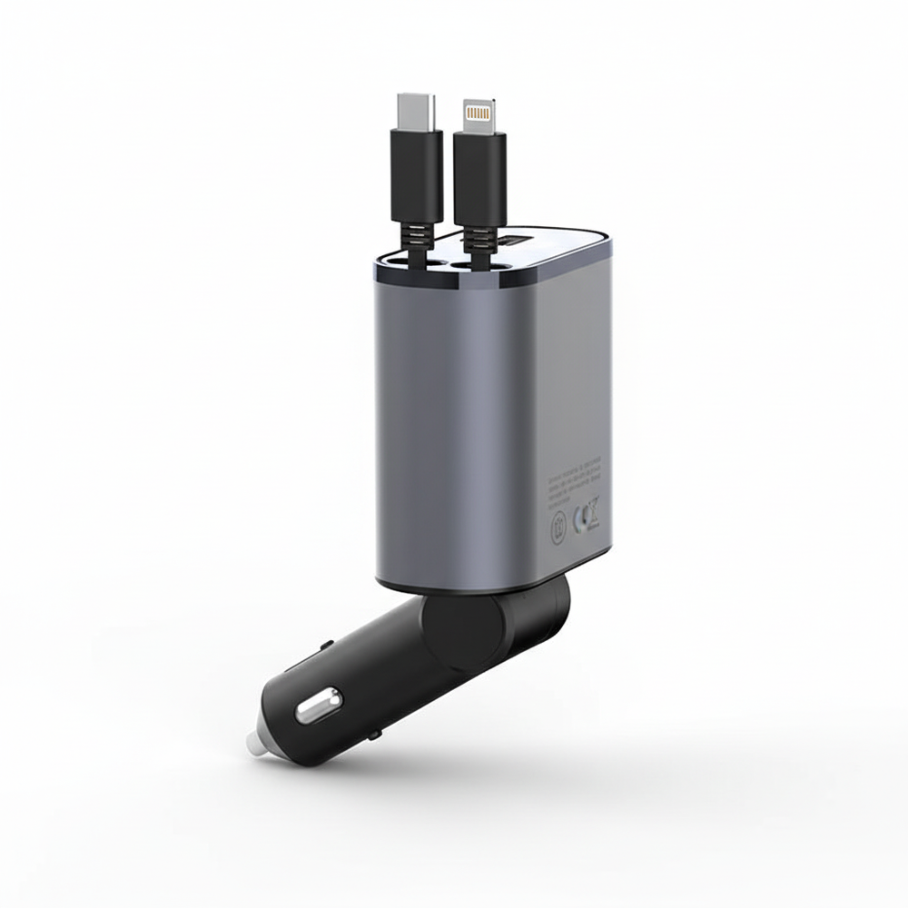 Compacte PowerCharge opvouwbare autolader, ideaal voor snel opladen van iPhone en Android tijdens reizen.