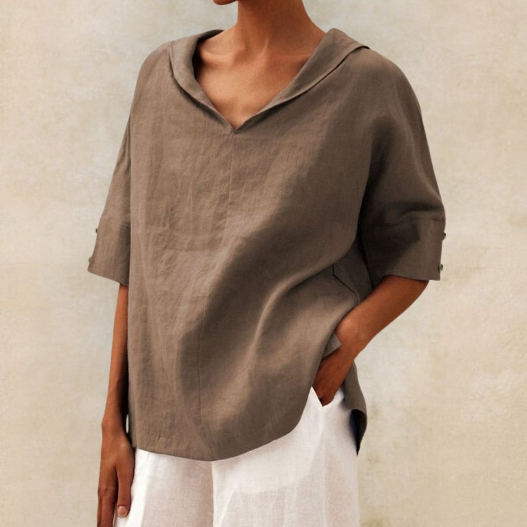 Helejaars dames top met V-hals, comfortabel en modieus casual overhemd. Essentiële dameskleding voor vrouwen.