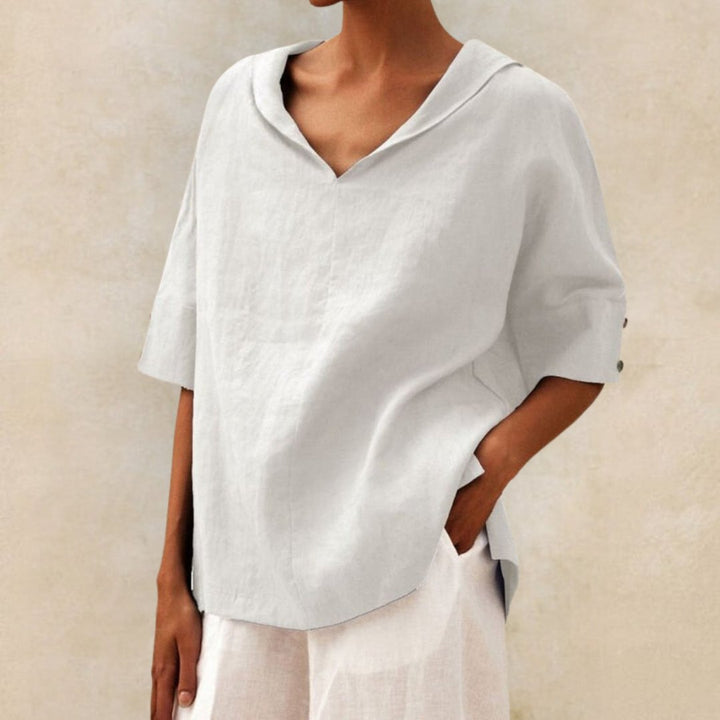 Comfortabel dames overhemd met elegante V-hals; casual en luchtige pasvorm. Een stijlvolle top voor damesmode.