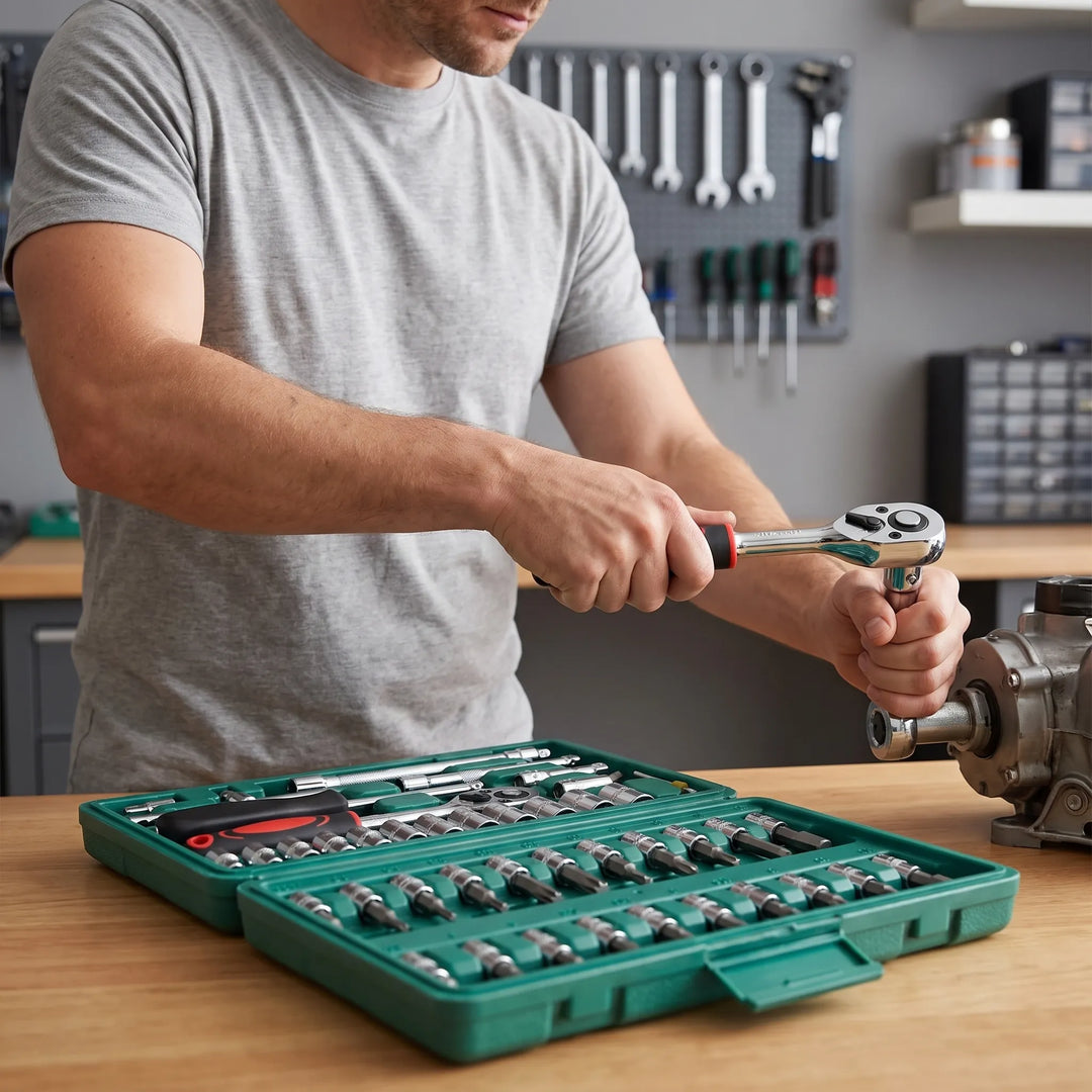 46-delige ratel & doppenset in koffer voor heren, ideaal voor mechanische reparaties en klussen, compleet handgereedschap.