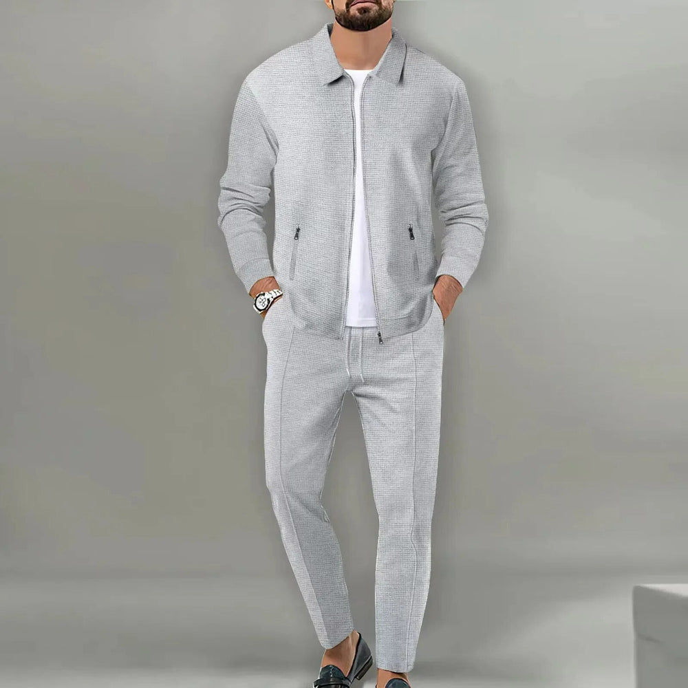Tweedelig herenpak met unieke wafeltextuur, ideaal voor een moderne en casual look.