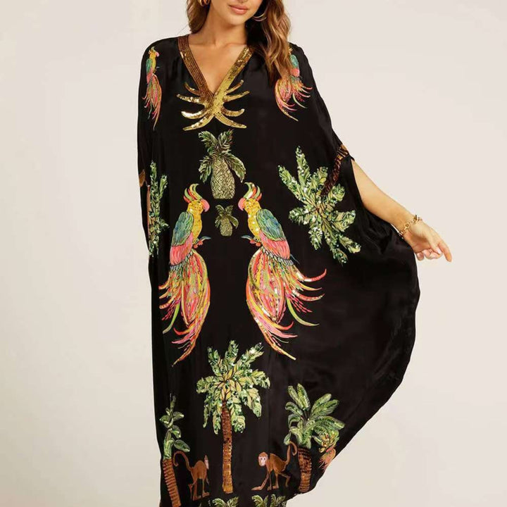 Dames Addison kaftan, enkellang met tropische print. Ideaal voor zomer & strand. Losse fit jurk.