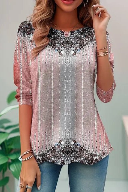 Comfortabele dames glittertop met pailletten, wijde pasvorm en driekwartmouw, elegant en modieus.
